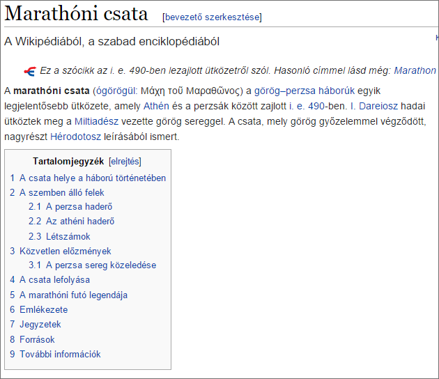 Egy Wikipedia-szócikk eleje, benne a tartalomjegyzékkel